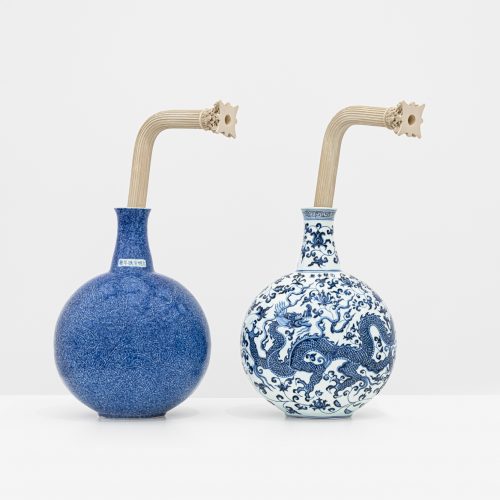 Beverage (Blue-and-white flat bottle with loong patterns, Yongle Period, Ming Dynasty; Flat Vase with Blue Glaze and Dragon Pattern, Xuande Period, Ming Dynasty)